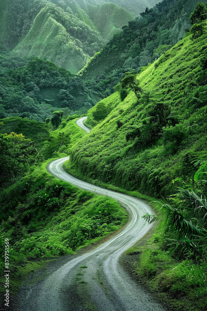 A lush, winding mountain road surrounded by dense, green vegetation. The vibrant greenery and curving path through the hills create a sense of adventure and exploration in nature. A lush, winding mountain road surrounded by dense, green vegetation. The vibrant greenery and curving path through the hills create a sense of adventure and exploration in nature.