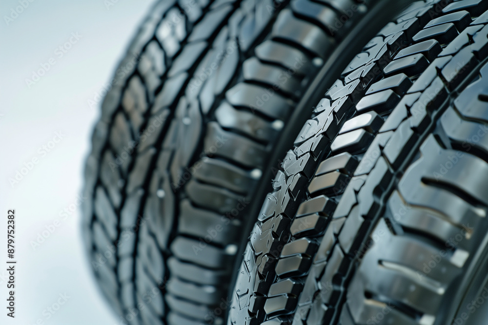 Fototapeta premium details of brand new, high-quality radial car tires displayed on a clean white background, highlighting their tread patterns and durability. Ideal for automotive websites, tire ret