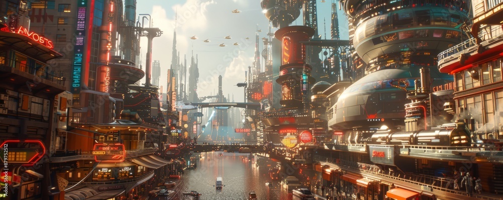 A retro-futuristic cityscape filled with flying cars, towering chrome buildings, and neon signs.