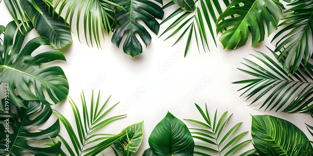 Summer Flat Lay Tropical Leaves on White Background with Text Space. Concept Summer, Flat Lay, Tropical Leaves, White Background, Text Space Summer Flat Lay Tropical Leaves on White Background with Text Space. Concept Summer, Flat Lay, Tropical Leaves, White Background, Text Space