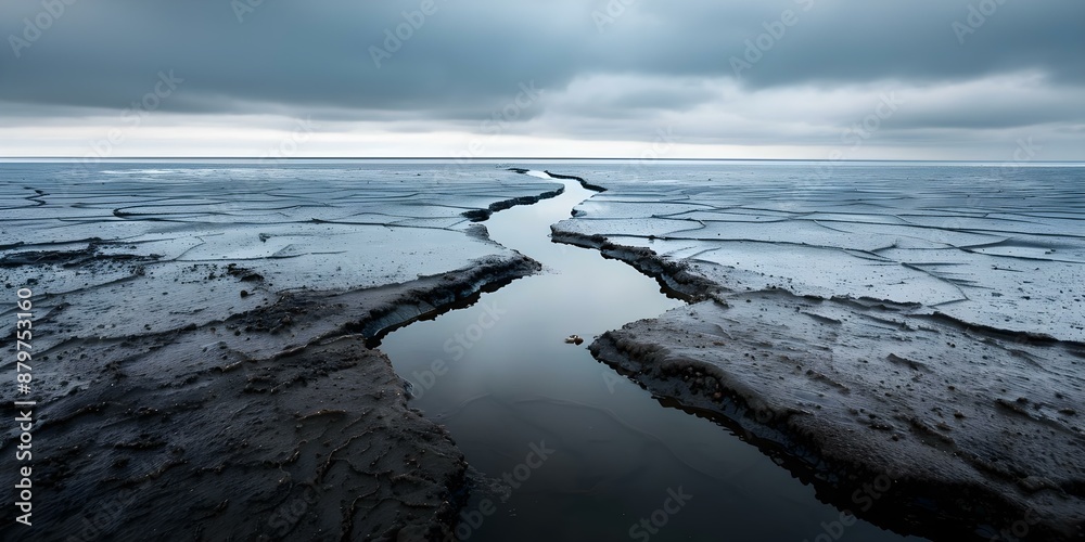 Fototapeta premium Barren Landscape with Oil Seeping Out, Devoid of Life or Vegetation. Concept Barren Landscape, Oil Seepage, Environmental Disaster, Desolate Terrain, Lack of Vegetation