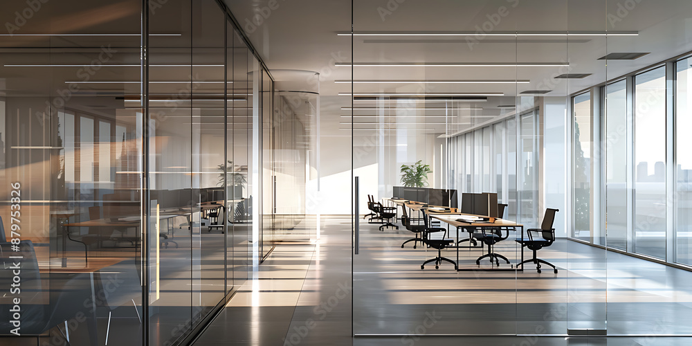 A large, modern office space with glass walls and a minimalist design, bathed in warm sunlight.