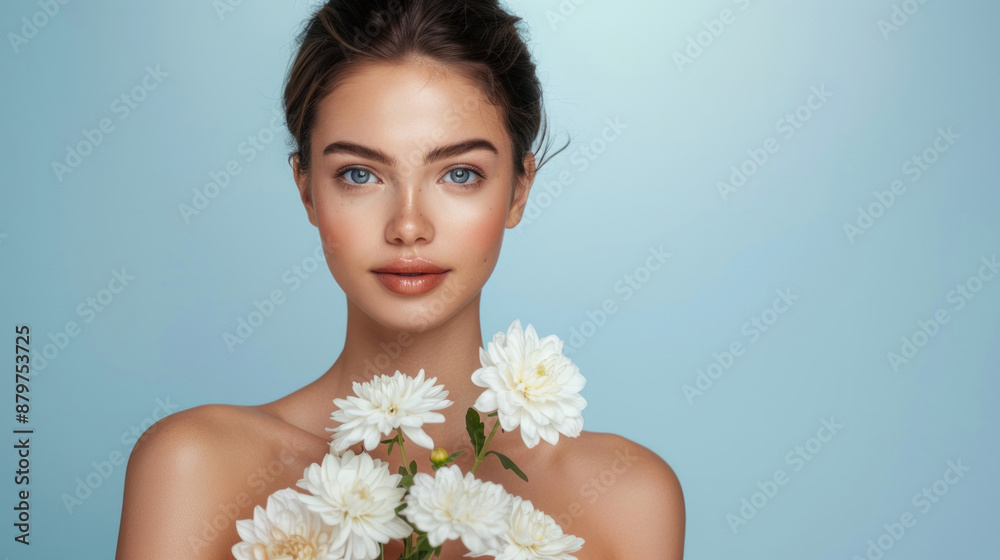 Woman With White Flowers Against Blue Background Woman With White Flowers Against Blue Background