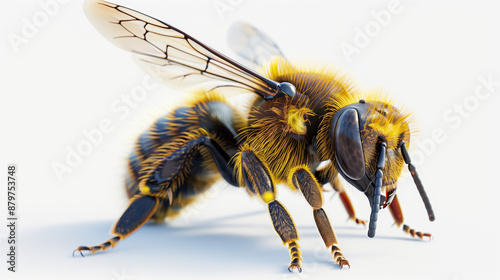 A photo of a bee on white background, close-up, photorealistic, realistic hyper-detail, png, light yellow and dark aquamarine, accurate and detailed photo