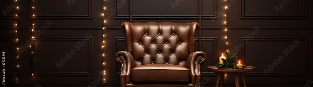 Obraz premium Retro vibes, a vintage brown leather armchair and a small round table with candles in a dark room with fairy lights.