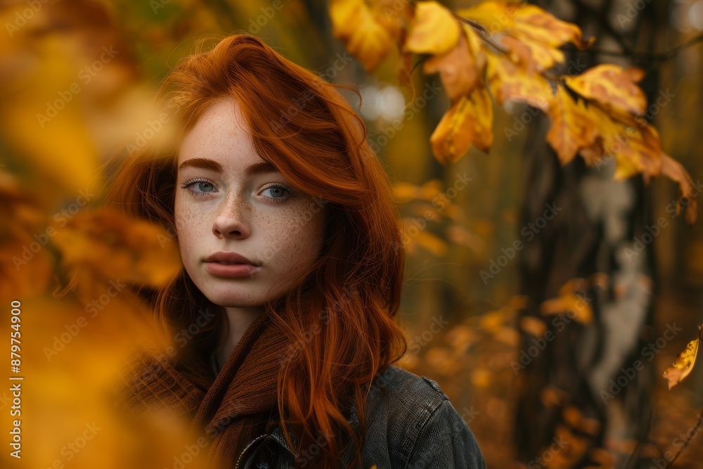 A young woman with bright red hair walks through a forest during the autumn season A young woman with bright red hair walks through a forest during the autumn season