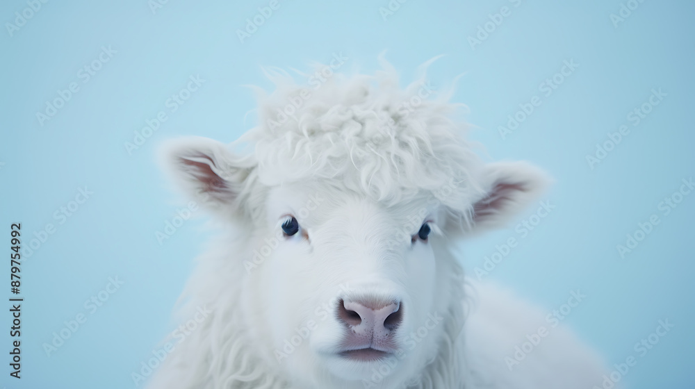 Fototapeta premium A fluffy white lamb looks at the camera with big blue eyes conveying curiosity and innocence in front of a pale blue background.