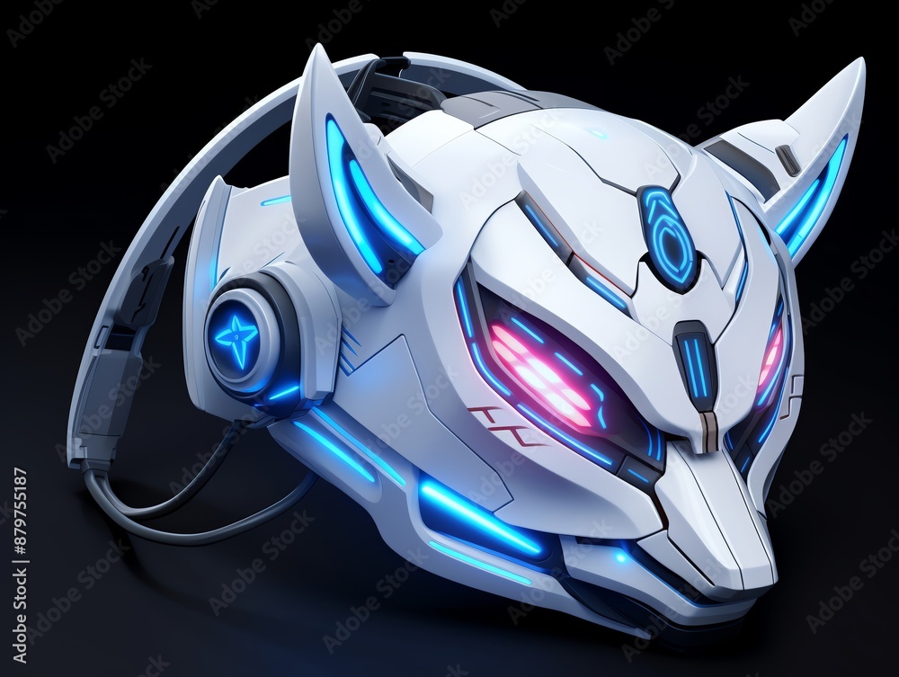 Robotic raccoon head with LED features, futuristic style, white background, digital painting, hightech look Robotic raccoon head with LED features, futuristic style, white background, digital painting, hightech look