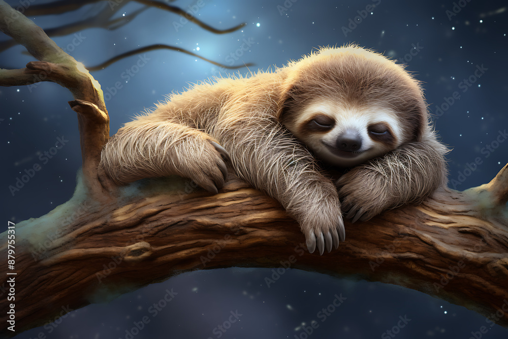 Adorable sleepy sloth sleeping on a tree branch at night under a starry sky Adorable sleepy sloth sleeping on a tree branch at night under a starry sky