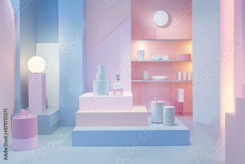 A pop-up shop interior with pastel walls, geometric shapes, and subtle color palettes. The space features a stepped platform with a cylindrical display photo