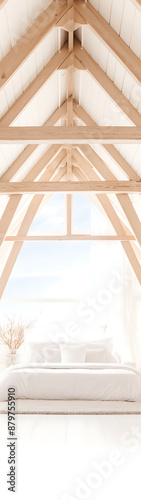 Minimalist attic bedroom with whitewashed wood beams and soft linens in neutral colors conveys a sense of calm and tranquility.