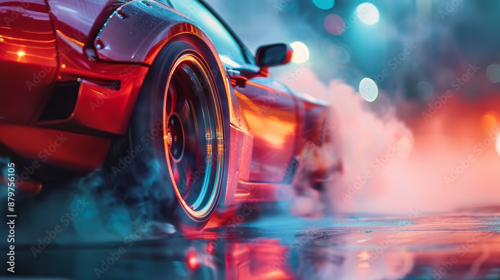 A red car performs a dramatic burnout, creating plumes of smoke, in a vibrant, neon-lit cityscape. The image captures the raw power and impressive control of the vehicle. A red car performs a dramatic burnout, creating plumes of smoke, in a vibrant, neon-lit cityscape. The image captures the raw power and impressive control of the vehicle.