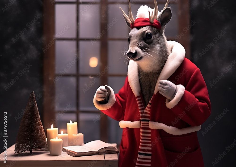 Naklejka premium A cute and cuddly woodland deer dressed in a Santa hat and coat stands in front of a window, surrounded by twinkling lights and a cozy, wintery scene.