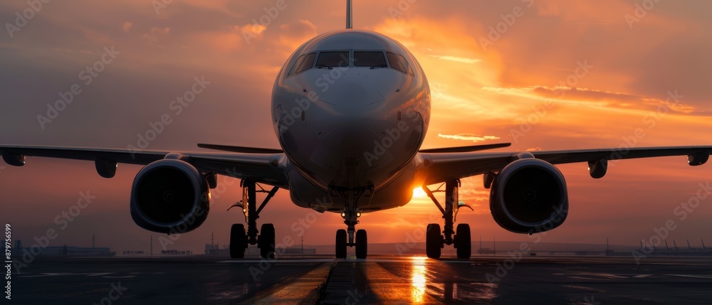 A large jetliner rests on the airport tarmac, surrounded by cloudy sky Sun sets behind A large jetliner rests on the airport tarmac, surrounded by cloudy sky Sun sets behind