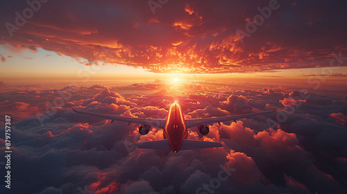 Airplane in the sky at sunrise or sunset