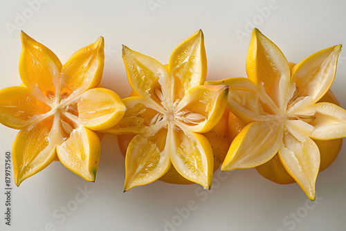 Flatlay of star fruit slices on a white background