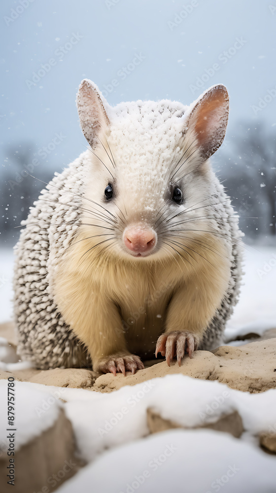 Cute white and beige chinchilla sitting on snow covered rock in winter Cute white and beige chinchilla sitting on snow covered rock in winter