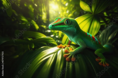 A stunning Mauritius Giant Day Gecko - endemic to Mauritius  perched on a lush green leaf in its natural tropical habitat.