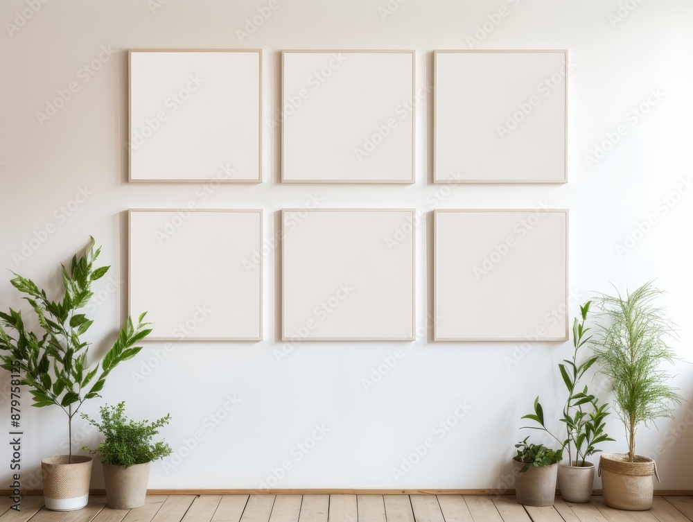 Fototapeta premium Mockup interiors with blank frames and potted plants.