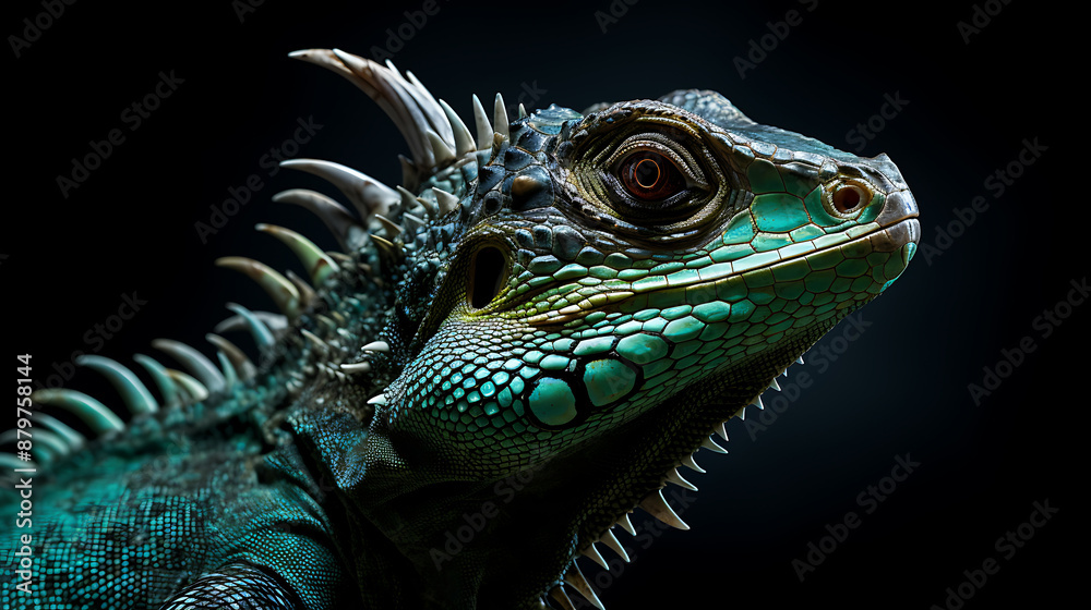 Fototapeta premium A blue iguana with a black background, looking at the camera with a serious expression.
