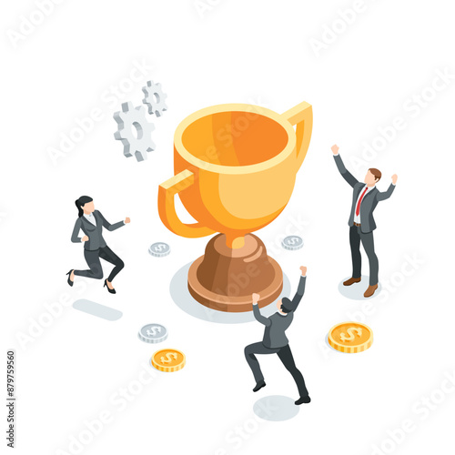 isometric vector business people rejoice in victory near a big trophy, in color on a white background, great success or goal achievement