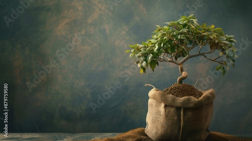 Realistic tree emerging from seeds in a sandbag, contrasting natural life with industrial material, highly detailed scene photo