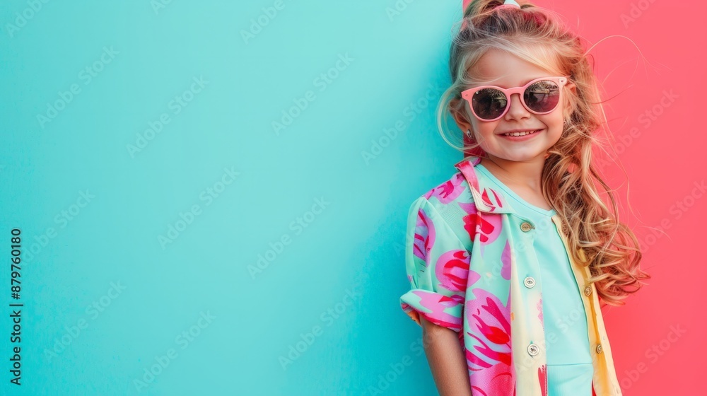 Blonde girl in pink sunglasses smiles in front of colorful wall Blonde girl in pink sunglasses smiles in front of colorful wall