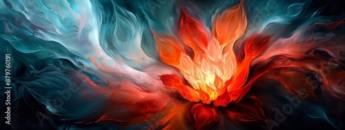 Wallpaper Mural  A painting of a red and orange flower with blue and white swirls at its base The base of the flower is painted red, blue, and white in swirling patterns Torontodigital.ca
