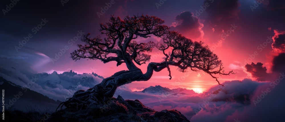 A tree atop a mountain, bathed in cloudy sky, as sun sets behind A tree atop a mountain, bathed in cloudy sky, as sun sets behind