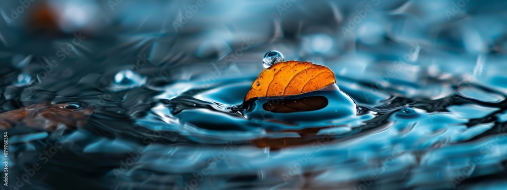 An orange leaf atop still water, reflecting, with droplets beneath An orange leaf atop still water, reflecting, with droplets beneath