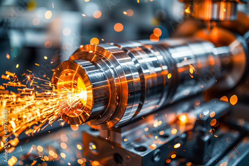 Industrial Lathe Turning Metal with Glowing Sparks in a Factory Setting