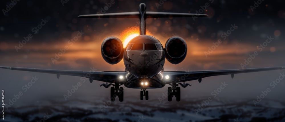  A large jetliner soaring through a cloud-filled sky with the sun casting a golden glow behind it