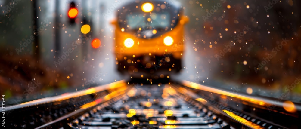 A sharp image of a train on a clear train track against a distant, focused backdrop of another train A sharp image of a train on a clear train track against a distant, focused backdrop of another train