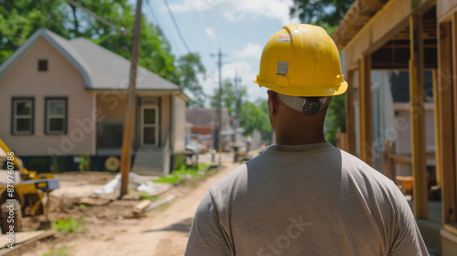 Um trabalhador qualificado com um capacete amarelo está examinando um canteiro de obras residencial photo