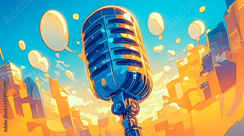 Retro Microphone Illustration with Speech Bubble on a Bright Blue and Orange Background