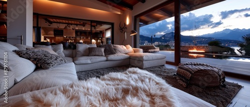  A livable room teeming with furnishings, featuring a fireplace before a expansive window framing mountain vistas