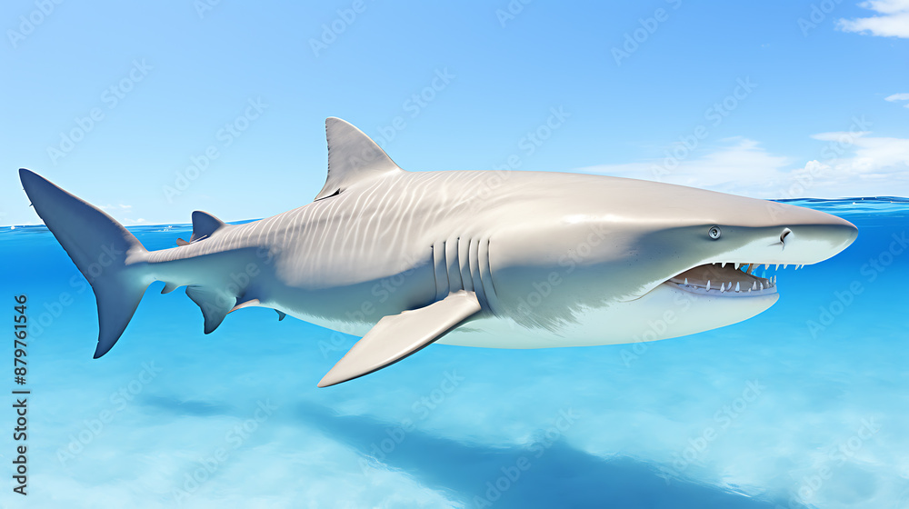 Obraz premium Half body of a great white shark emerging from deep blue water with a menacing toothy grin.