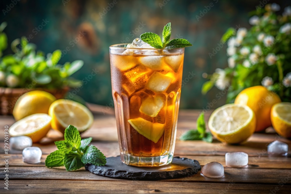Refreshing tea in a transparent glass, decorated with lemon and mint Refreshing tea in a transparent glass, decorated with lemon and mint