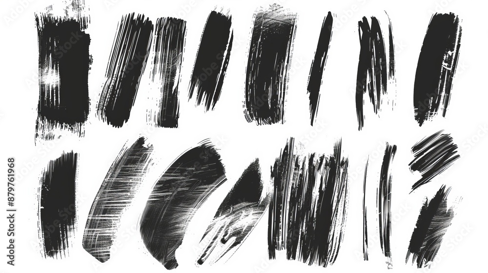 A collection of various black abstract brush strokes on a white background, showcasing different textures and brush techniques. Suitable for creative and artistic applications. A collection of various black abstract brush strokes on a white background, showcasing different textures and brush techniques. Suitable for creative and artistic applications.