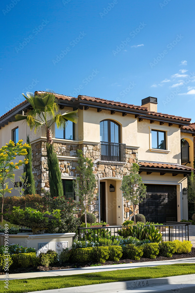 Fototapeta premium A luxurious house with stone facade and lush greenery.