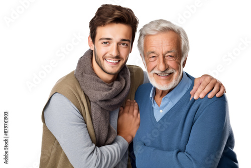 Elderly male person and his son in a warm embrace, smiling at the camera, reflecting a deep sense of family unity. Isolated on white background