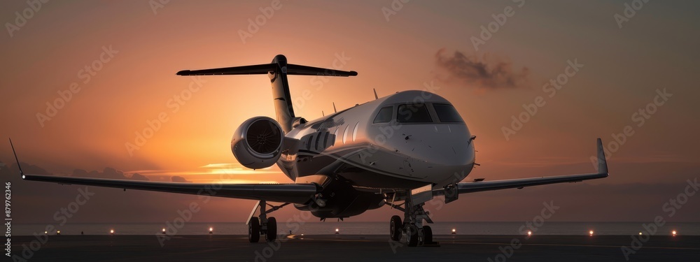 A large jetliner rests on an airport tarmac as the sun sets over the ocean background A large jetliner rests on an airport tarmac as the sun sets over the ocean background