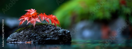  A small, red-hued tree perched atop a rock in the center of a tranquil body of water Nearby, a lush, green plant flourished