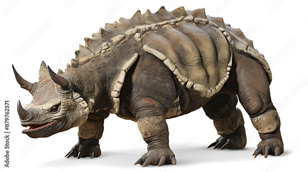 Fototapeta premium A 3D rendering of a large, grey, armored dinosaur with a spiked back and a single horn on its nose