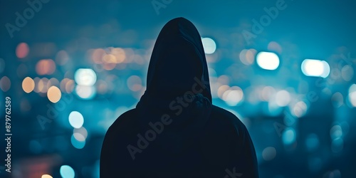 Silhouette of a Hooded Criminal in the City at Night True Crime Concept. Concept Silhouette Portraits, Night Photography, True Crime Ideas, Urban Settings, Mysterious Characters
