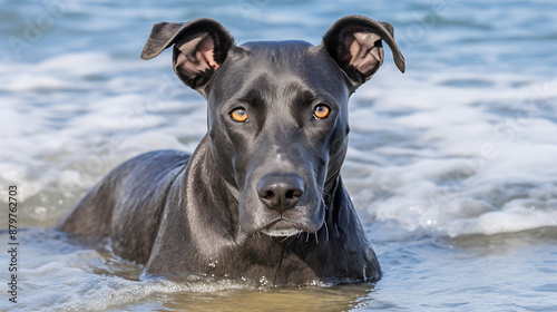 A loyal and loving blue dog sits in the shallows of the ocean, looking at the camera with its big brown eyes. photo