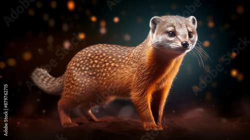Cute yellow mongoose looking curiously at the camera with a blurry background