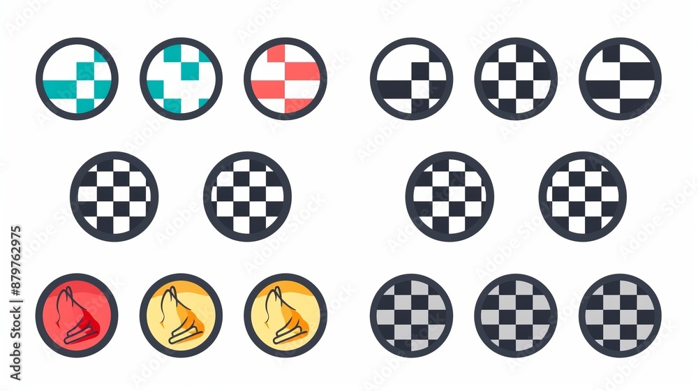 A set of checkered flags in circular icons displaying multiple variations and colors, illustrating a modern and comprehensive design suitable for various applications. A set of checkered flags in circular icons displaying multiple variations and colors, illustrating a modern and comprehensive design suitable for various applications.