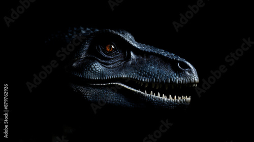 Fototapeta Naklejka Na Ścianę i Meble -  A dark blue dinosaur with glowing orange eyes and sharp white teeth on a black background