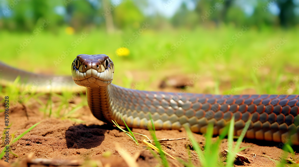 Closeup of a brown and black snake with yellow eyes staring at the camera with blurred green background Closeup of a brown and black snake with yellow eyes staring at the camera with blurred green background
